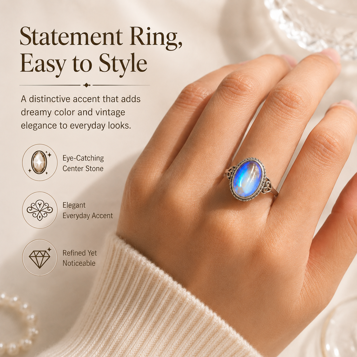 Vintage Rainbow Moonstone Ring – Oval Cabochon Filigree Jewelry for Women