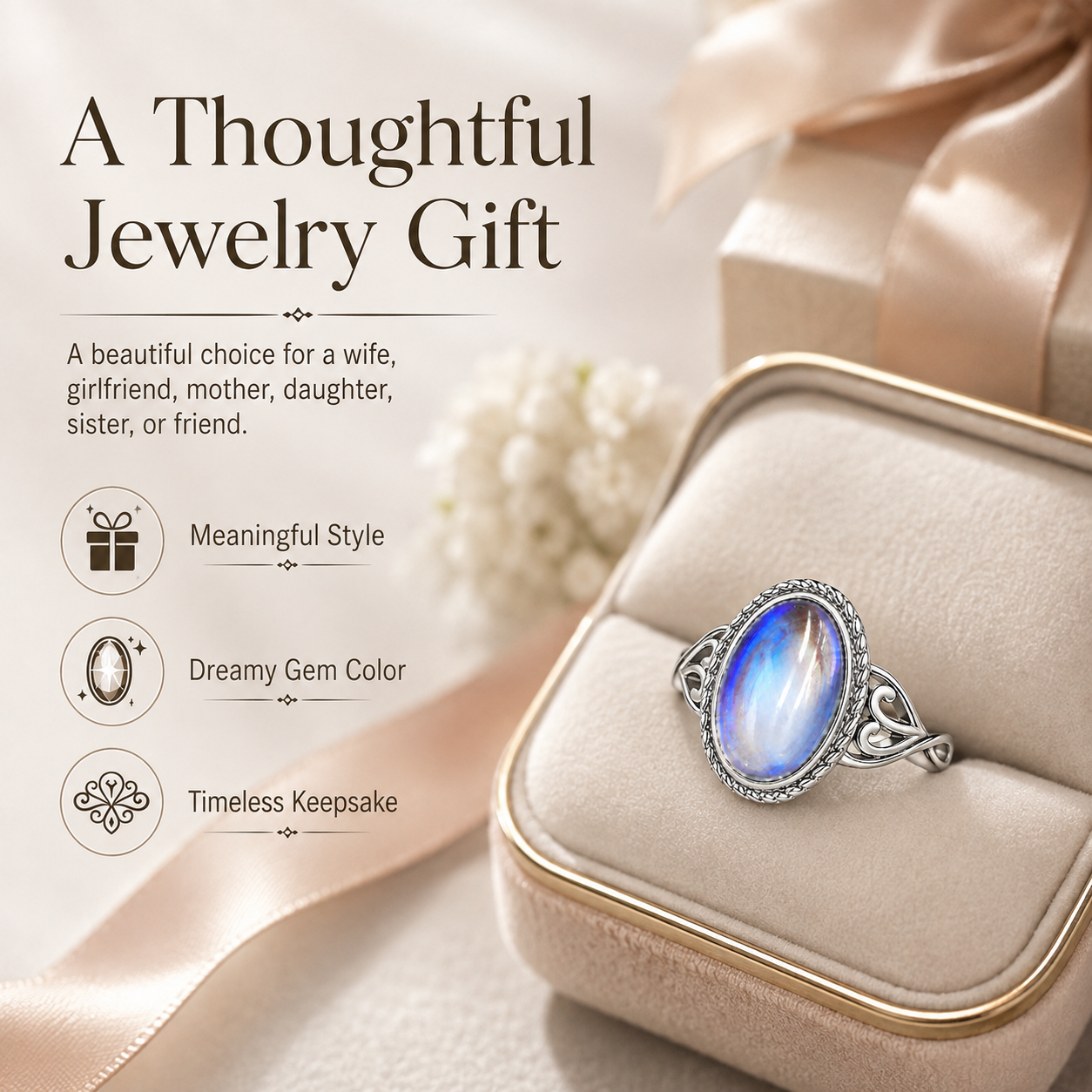 Vintage Rainbow Moonstone Ring – Oval Cabochon Filigree Jewelry for Women