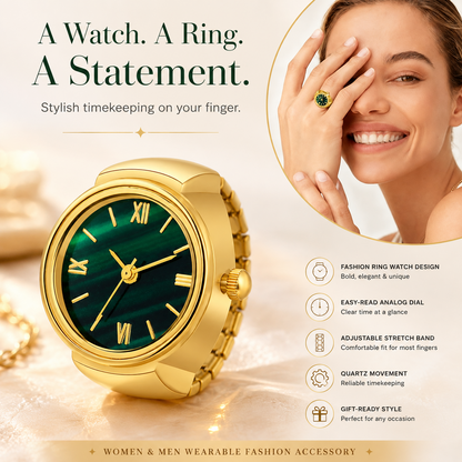 Vintage Gold-Tone Ring Watch – Green Roman Numeral Dial for Men & Women