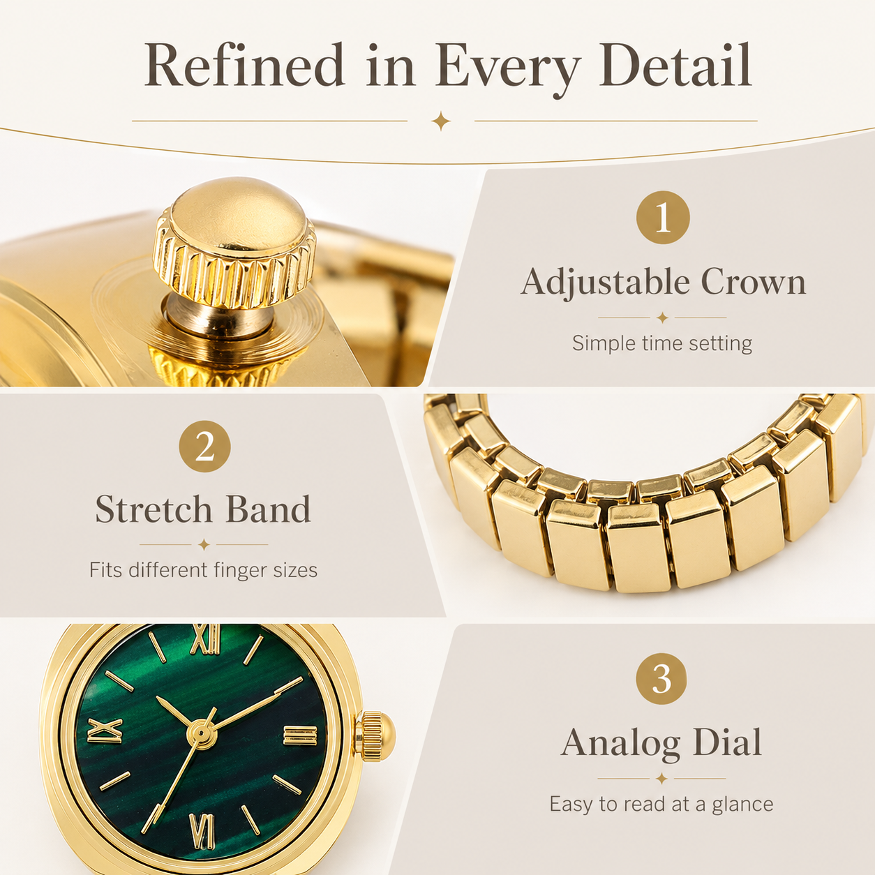 Vintage Gold-Tone Ring Watch – Green Roman Numeral Dial for Men & Women