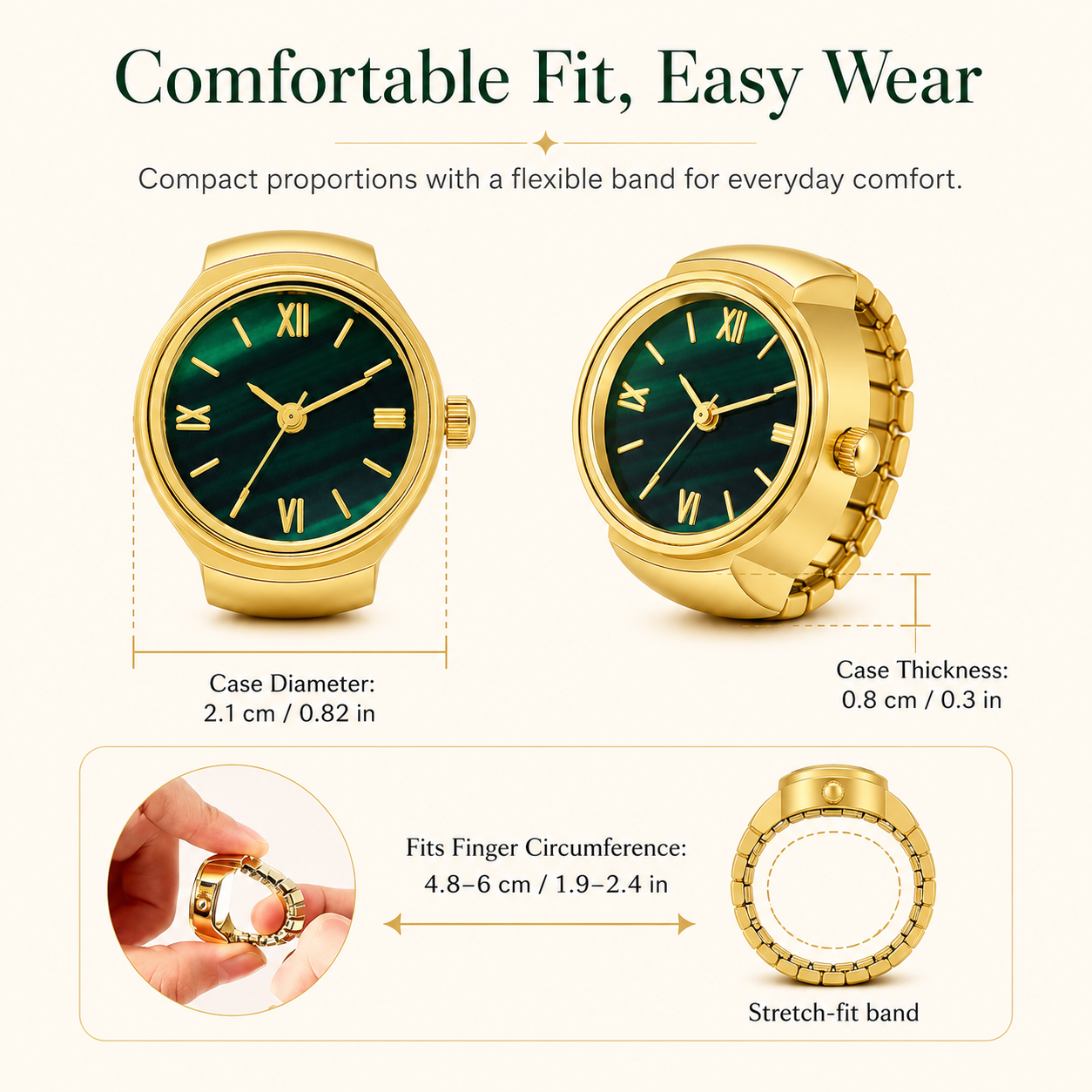 Vintage Gold-Tone Ring Watch – Green Roman Numeral Dial for Men & Women