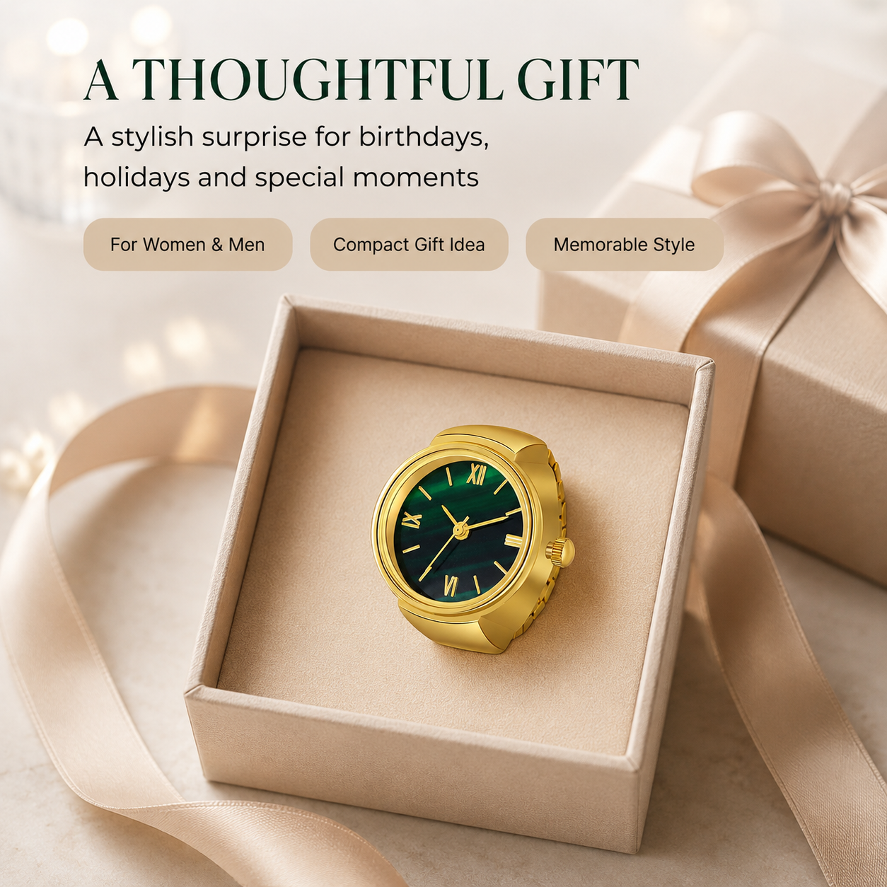 Vintage Gold-Tone Ring Watch – Green Roman Numeral Dial for Men & Women