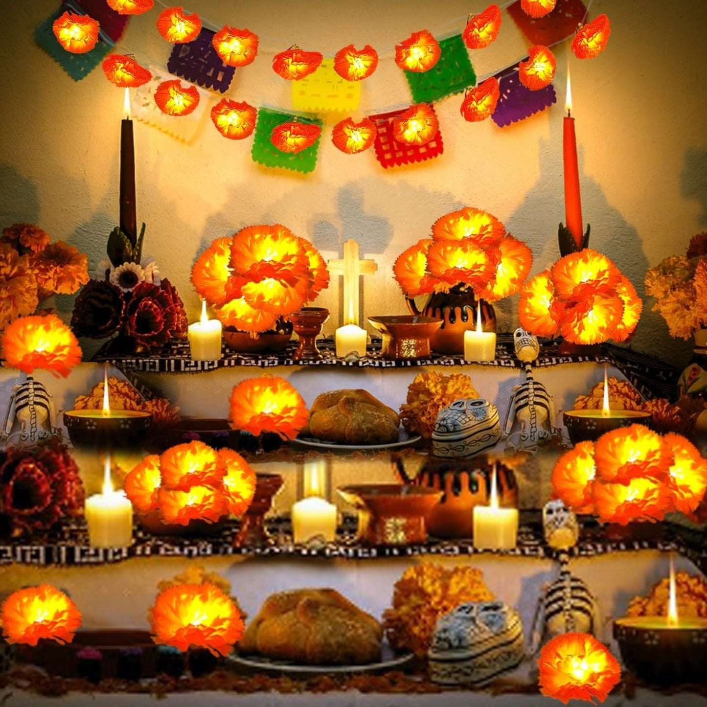 🎃 3M Day of the Dead Marigold String Lights, 20 LED Cempasuchil Flower Garland