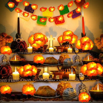 🎃 3M Day of the Dead Marigold String Lights, 20 LED Cempasuchil Flower Garland