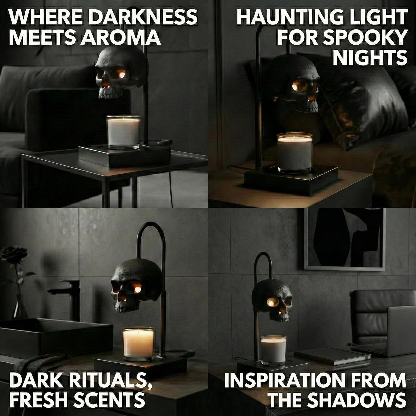 💀Skull Candle Warmer Lamp with Timer and Dimmer *Candles NOT Included – Black Gothic Candle Lamp Warmer w/Adjustable Height, 2 Light Bulbs