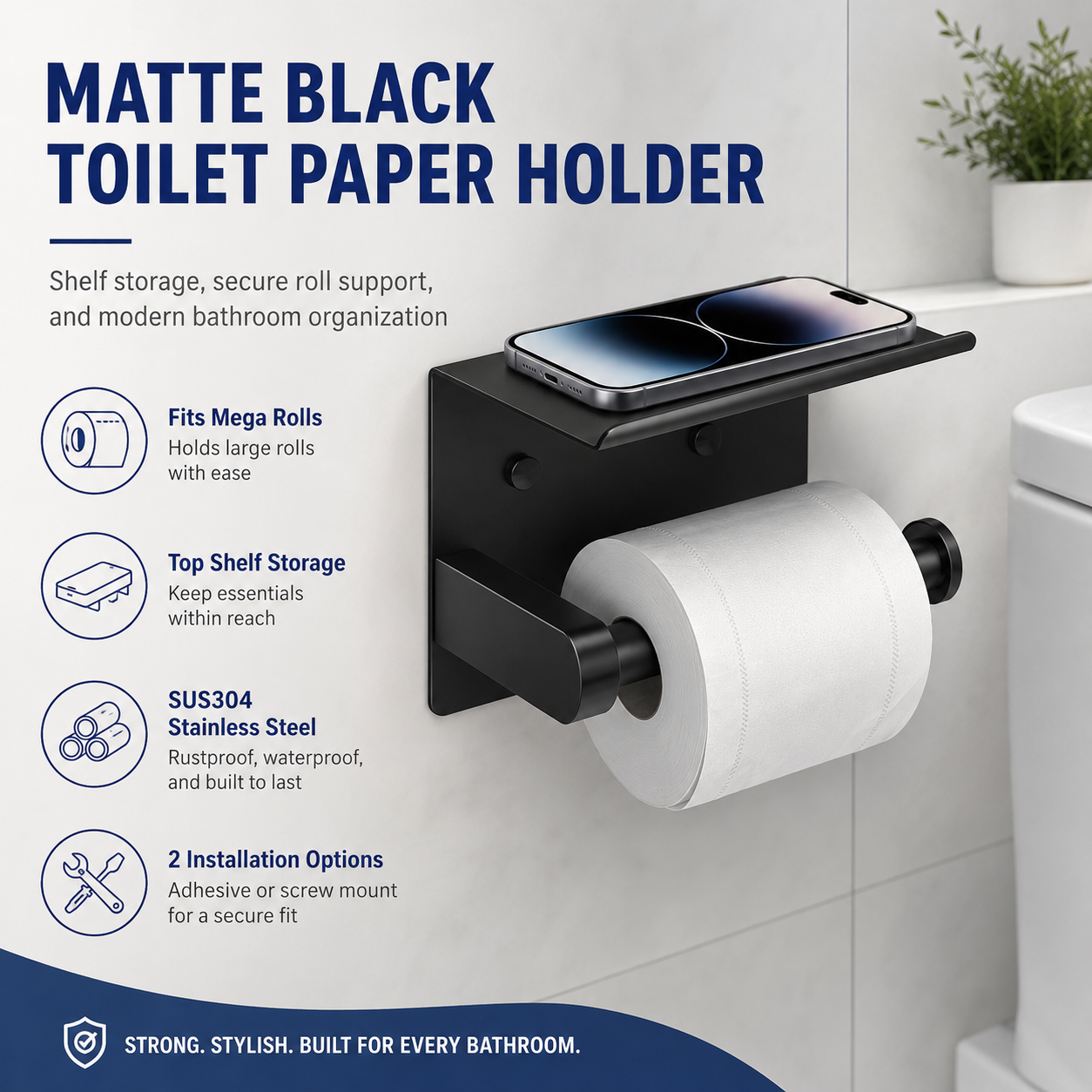 Rustproof Toilet Paper Holder with Shelf – Space-Saving Wall Mount