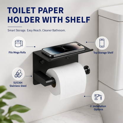 Rustproof Toilet Paper Holder with Shelf – Space-Saving Wall Mount