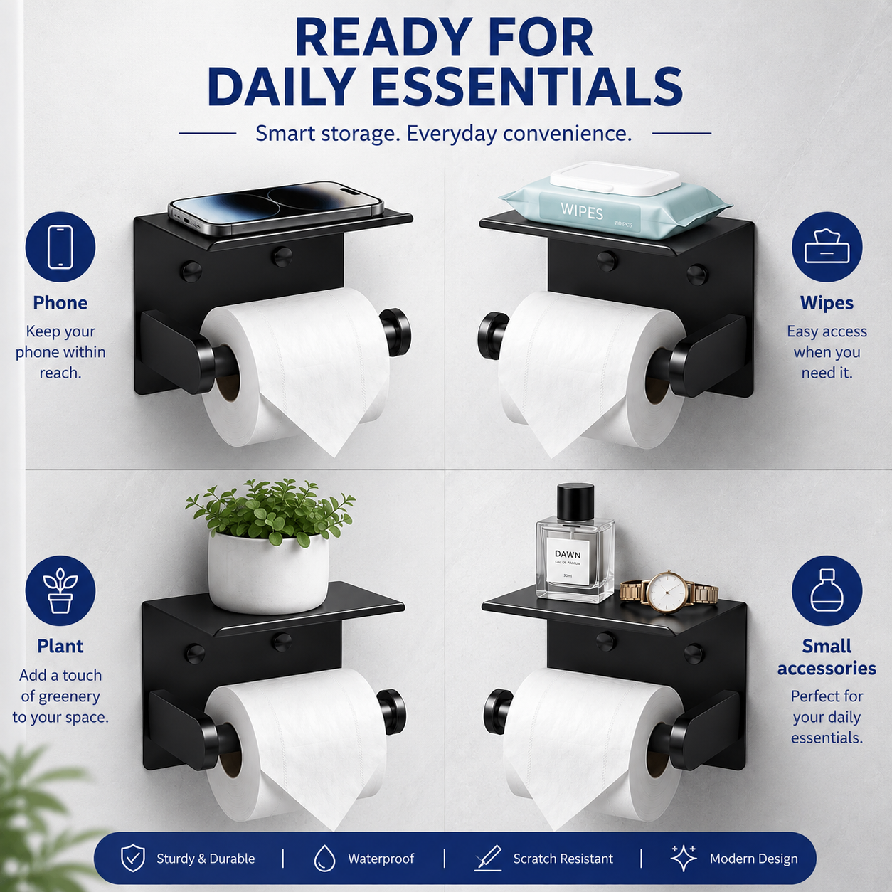 Rustproof Toilet Paper Holder with Shelf – Space-Saving Wall Mount