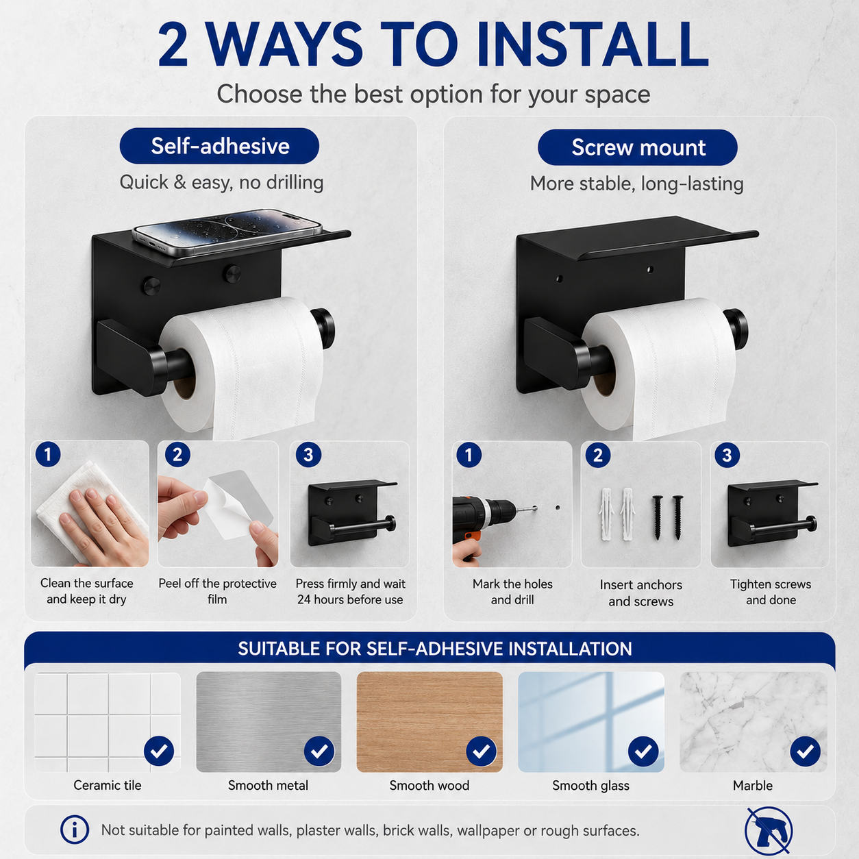 Rustproof Toilet Paper Holder with Shelf – Space-Saving Wall Mount