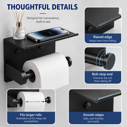 Rustproof Toilet Paper Holder with Shelf – Space-Saving Wall Mount