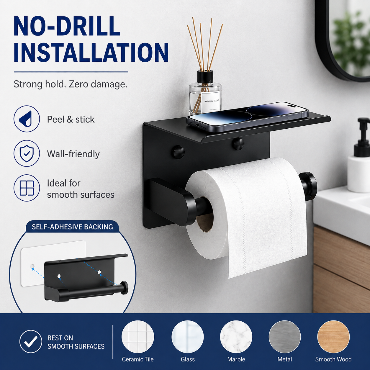 Rustproof Toilet Paper Holder with Shelf – Space-Saving Wall Mount