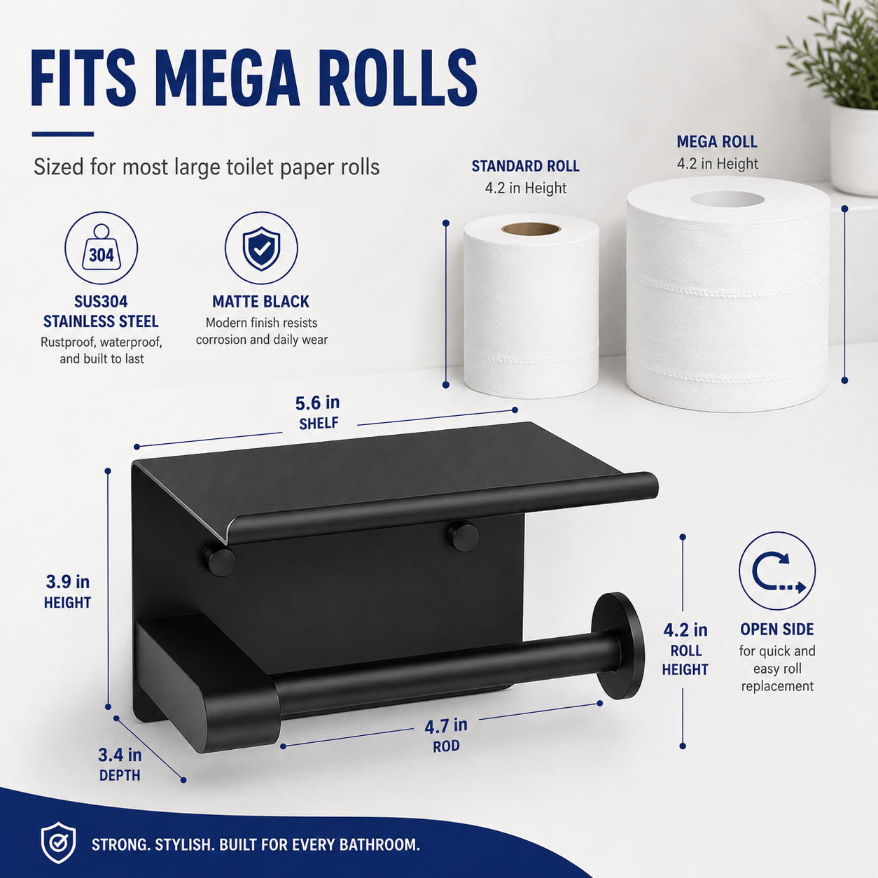 Rustproof Toilet Paper Holder with Shelf – Space-Saving Wall Mount