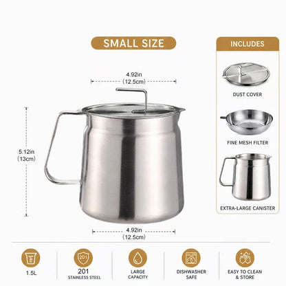 68oz 201 Stainless Steel Deep Fryer Pot with Basket & Strainer, Large Capacity Bacon Grease Container for Kitchen,Frying, Cooking, Camping,Oil Filter Container - Dishwasher Safe