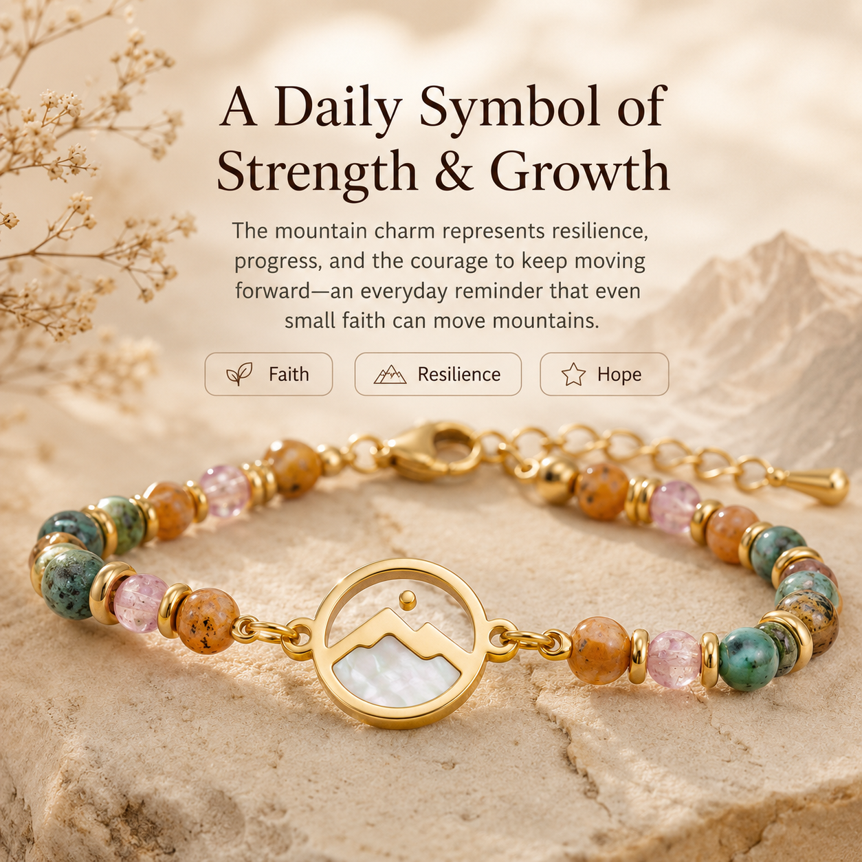 Women's Mustard Seed Gemstone Bracelet – Inspirational Mountain Charm, Adjustable Beaded Faith Bracelet