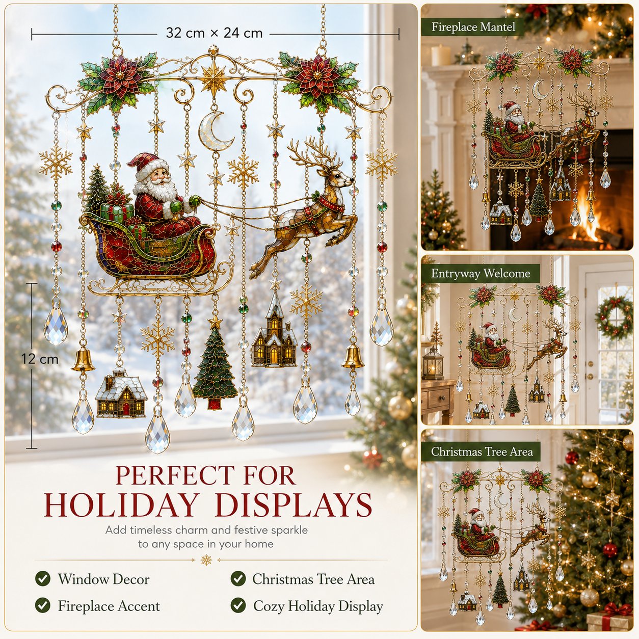 🔥 LAST DAY 49% OFF – 🎄Handmade Christmas Stained Glass Window Hanging | Tempered Stained Glass, K9 Crystal Drops & Ready-to-Hang Holiday Decor ✨