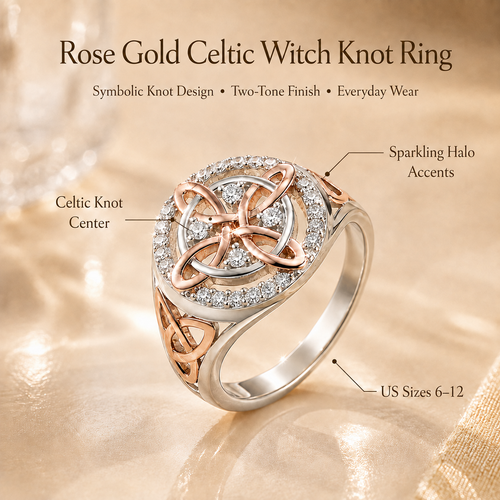 Two-Tone Celtic Knot Ring | Rose Gold & Silver Statement Ring with Sparkling Halo