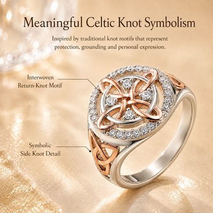 Two-Tone Celtic Knot Ring | Rose Gold & Silver Statement Ring with Sparkling Halo