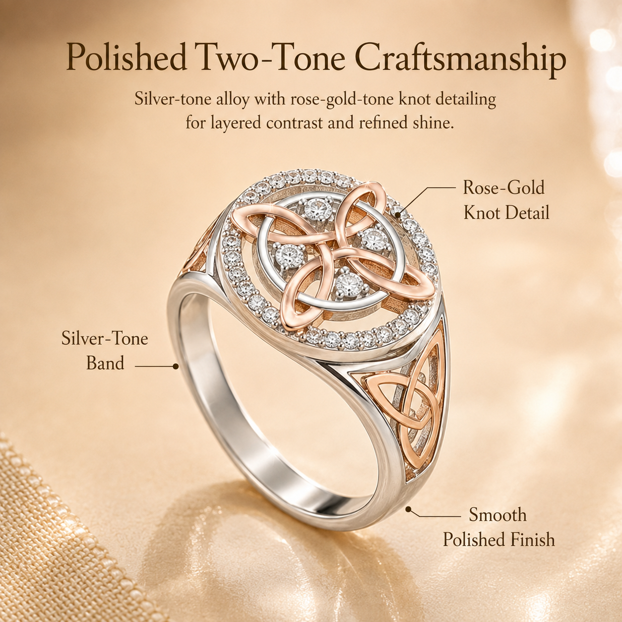 Two-Tone Celtic Knot Ring | Rose Gold & Silver Statement Ring with Sparkling Halo