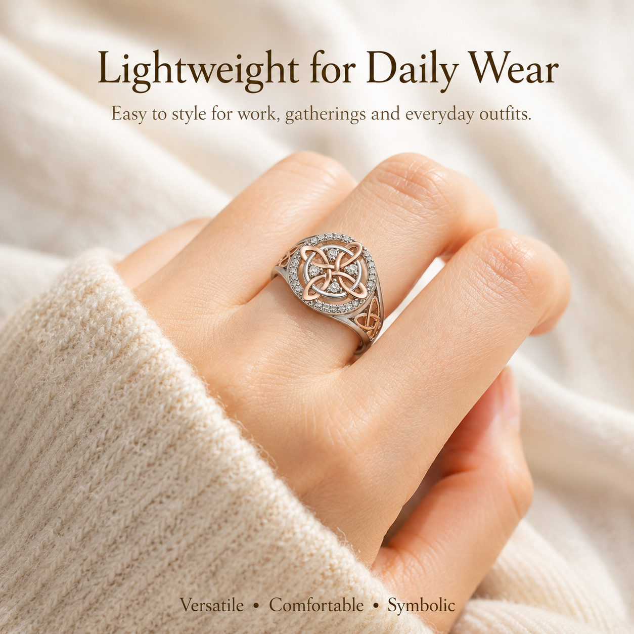 Two-Tone Celtic Knot Ring | Rose Gold & Silver Statement Ring with Sparkling Halo