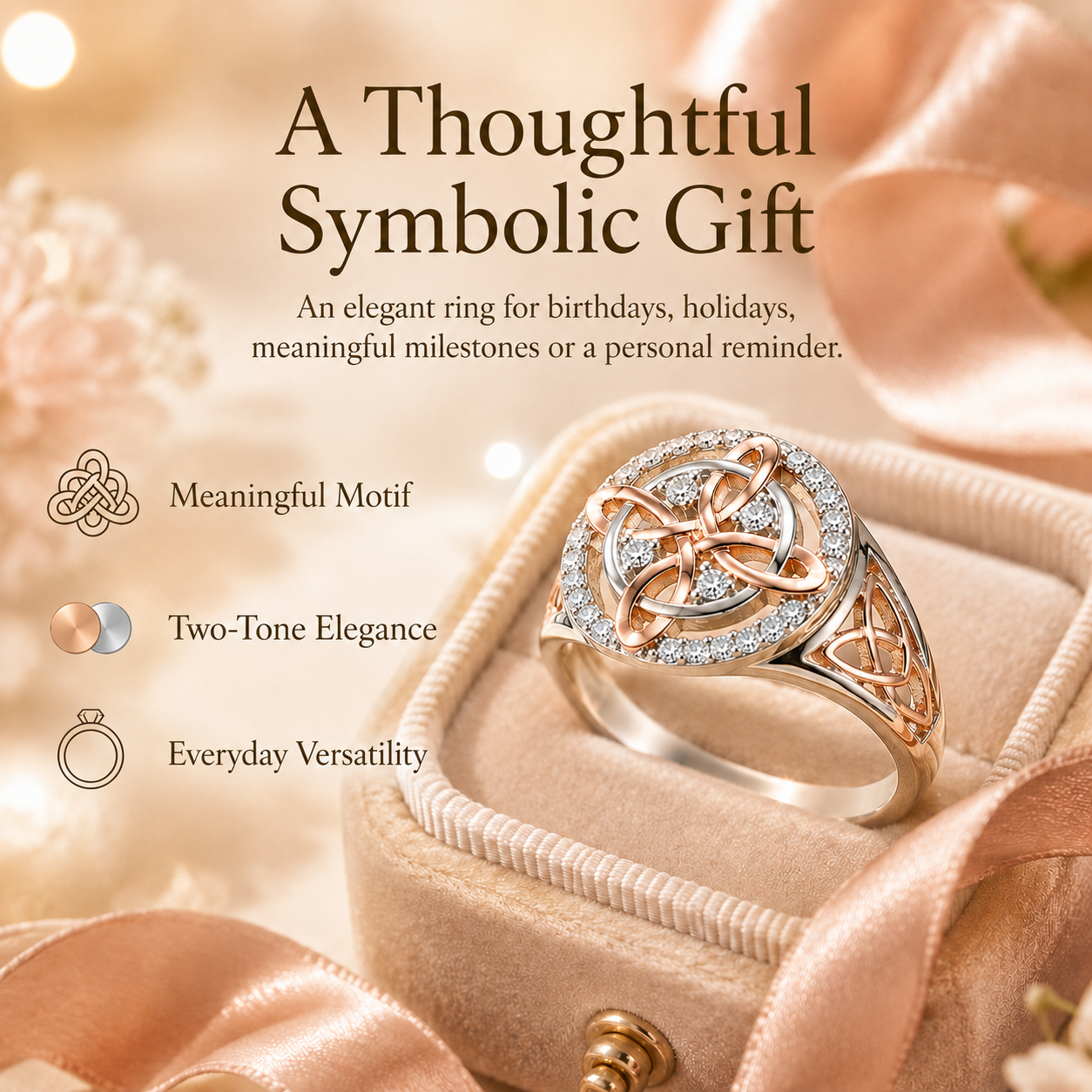 Two-Tone Celtic Knot Ring | Rose Gold & Silver Statement Ring with Sparkling Halo