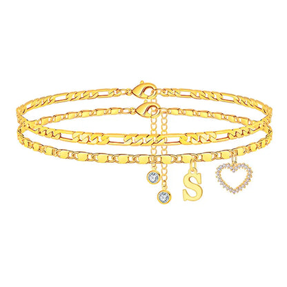 🎁 14k-Gold Plated-Double-Layer 26-Letter-Tone Chain Heart-Shaped Anklet with a heart-shaped pendant
