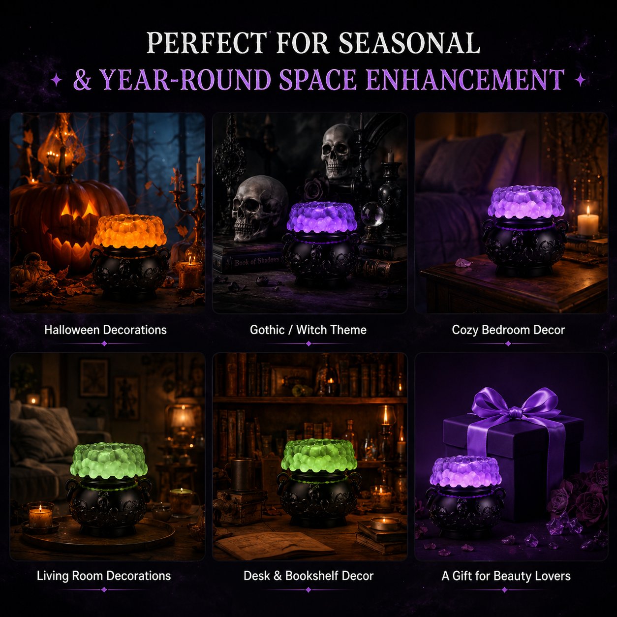 👻✨Light-up Color-changing Cauldron Waterglobe 3-Wick Candle Holder
