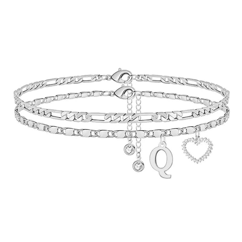 🎁 14k-Gold Plated-Double-Layer 26-Letter-Tone Chain Heart-Shaped Anklet with a heart-shaped pendant
