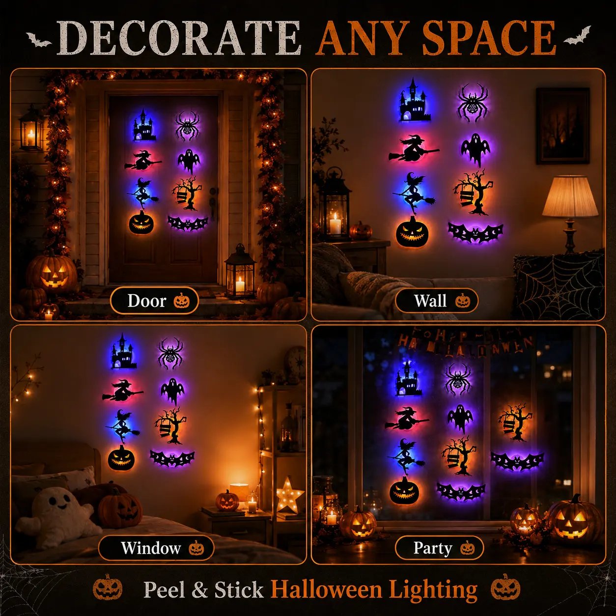 🔥Last Day 50% OFF - 🎃8 Pack Halloween LED Silhouette Wall Light Stickers, Battery Powered Peel & Stick Decor Lights