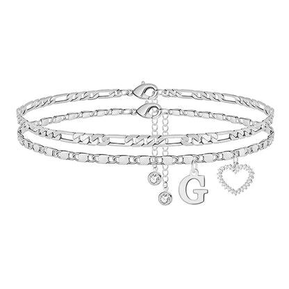 🎁 14k-Gold Plated-Double-Layer 26-Letter-Tone Chain Heart-Shaped Anklet with a heart-shaped pendant