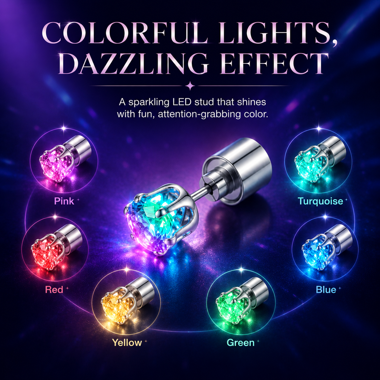 LED Light Up Crystal Stud Earrings – Colorful Glow, Unisex Party Style