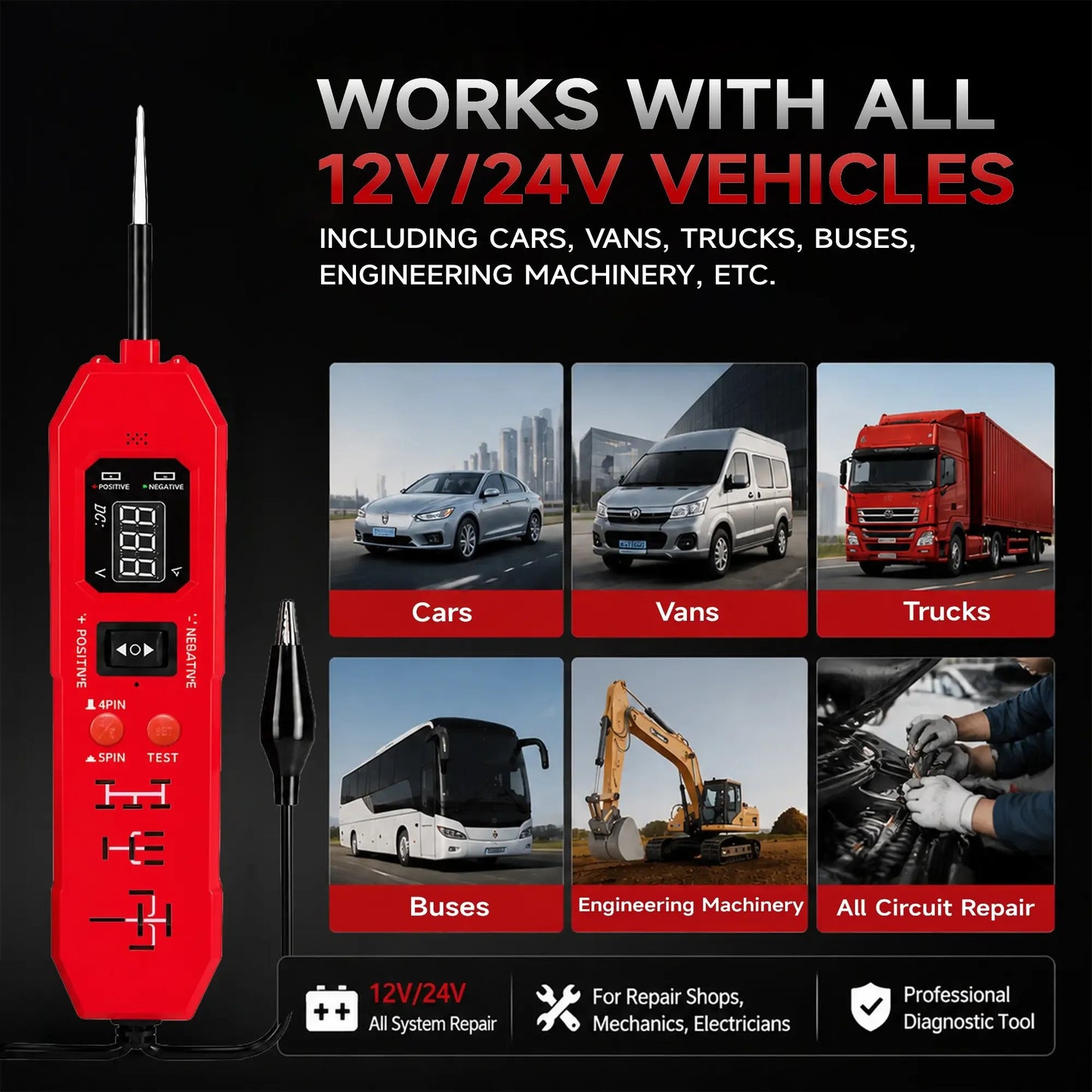 🔧Automotive Circuit & Relay Tester,12V/24V Vehicle Electrical Diagnostic Probe for Auto Repair