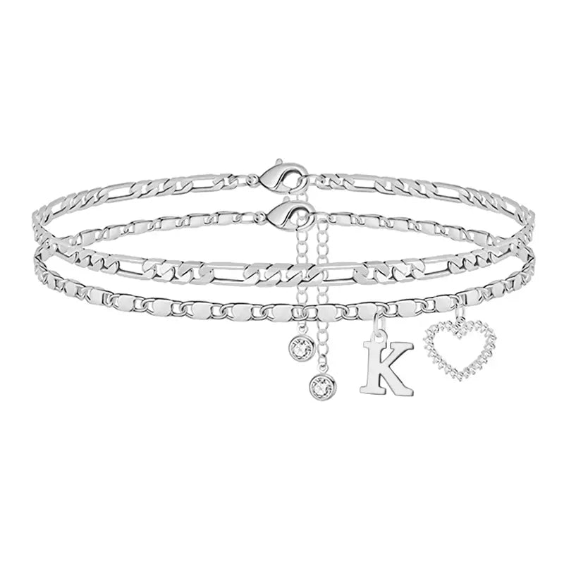 🎁 14k-Gold Plated-Double-Layer 26-Letter-Tone Chain Heart-Shaped Anklet with a heart-shaped pendant