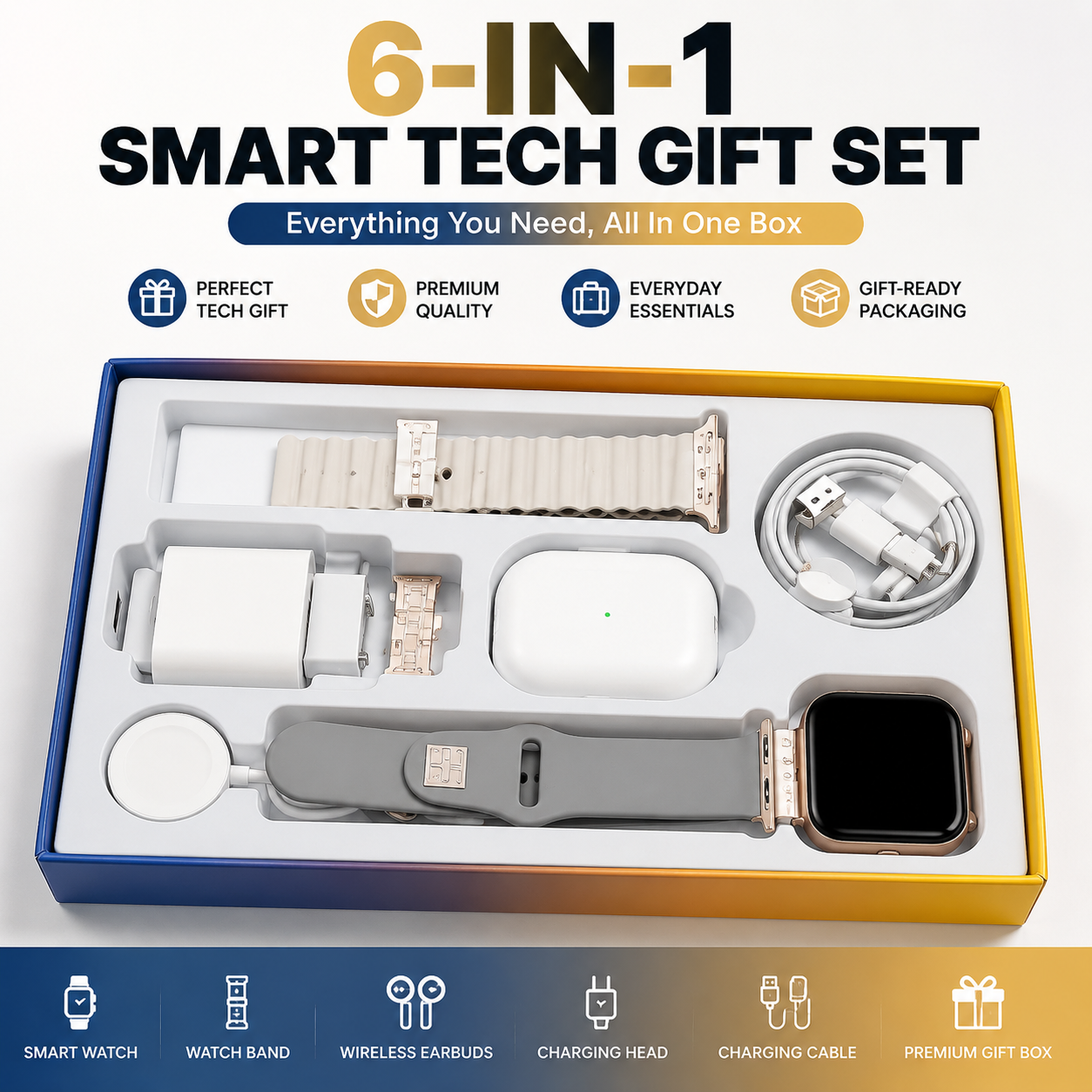 🎁 6-in-1 Smart Tech Gift Set – Smart Watch, Wireless Earbuds & Charging Essentials Kit