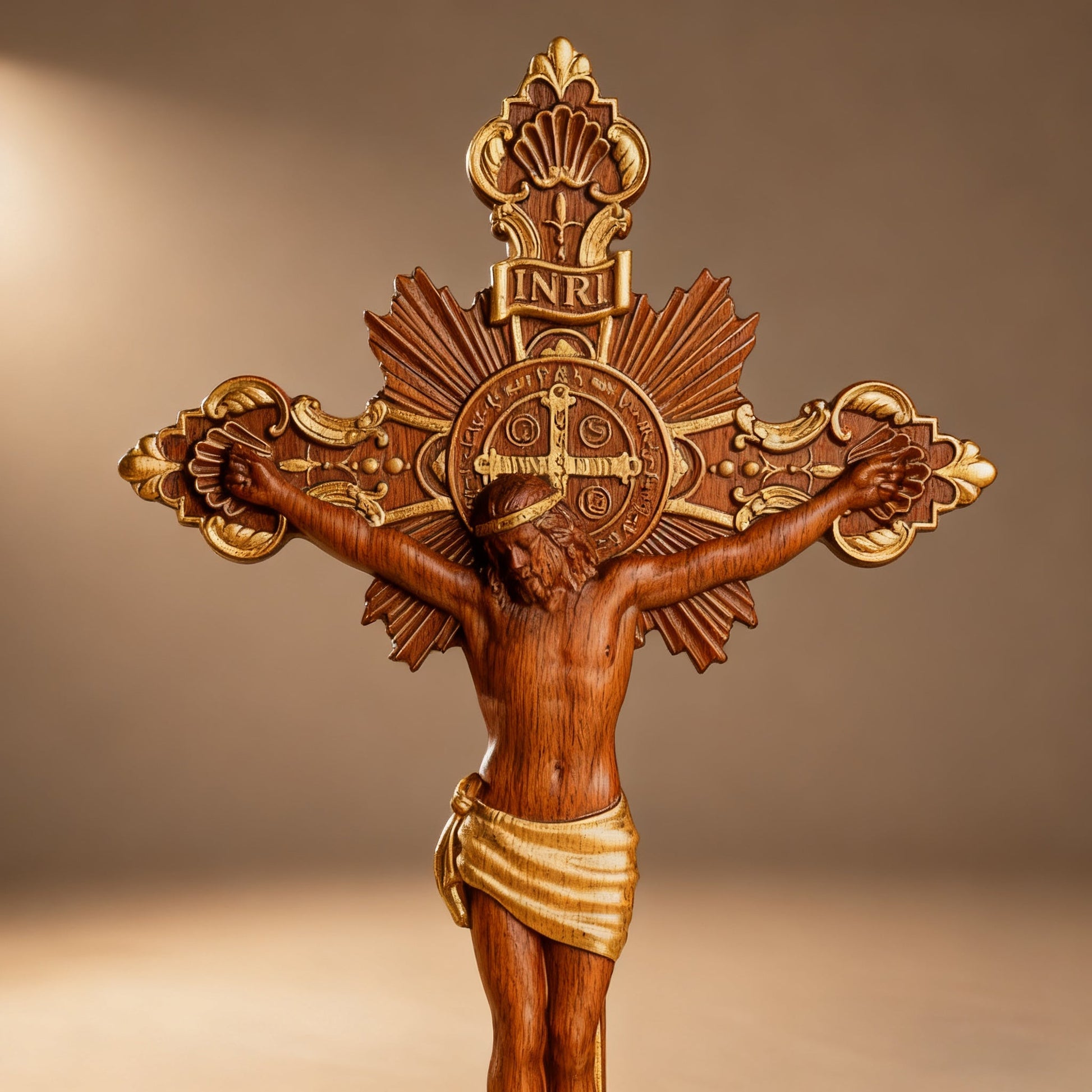 St. Benedict Exorcism Cross wood carved - Bless you and your family - faith-inspired design detail
