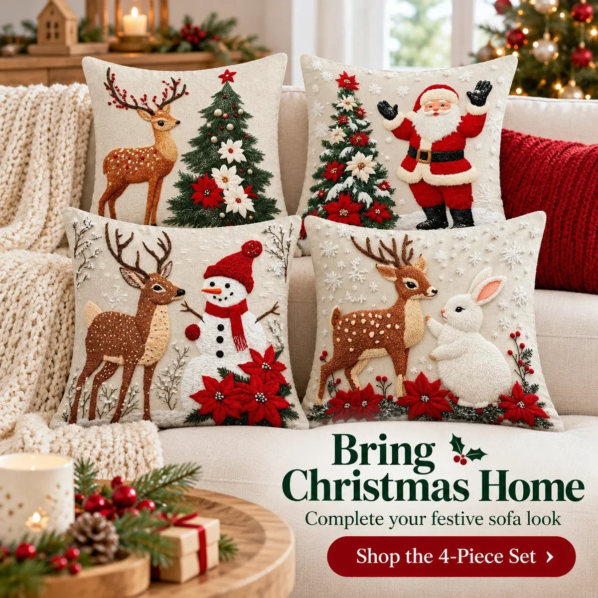 🎄 Christmas Pillow Covers 4-Piece Set — Festive Sofa Makeover