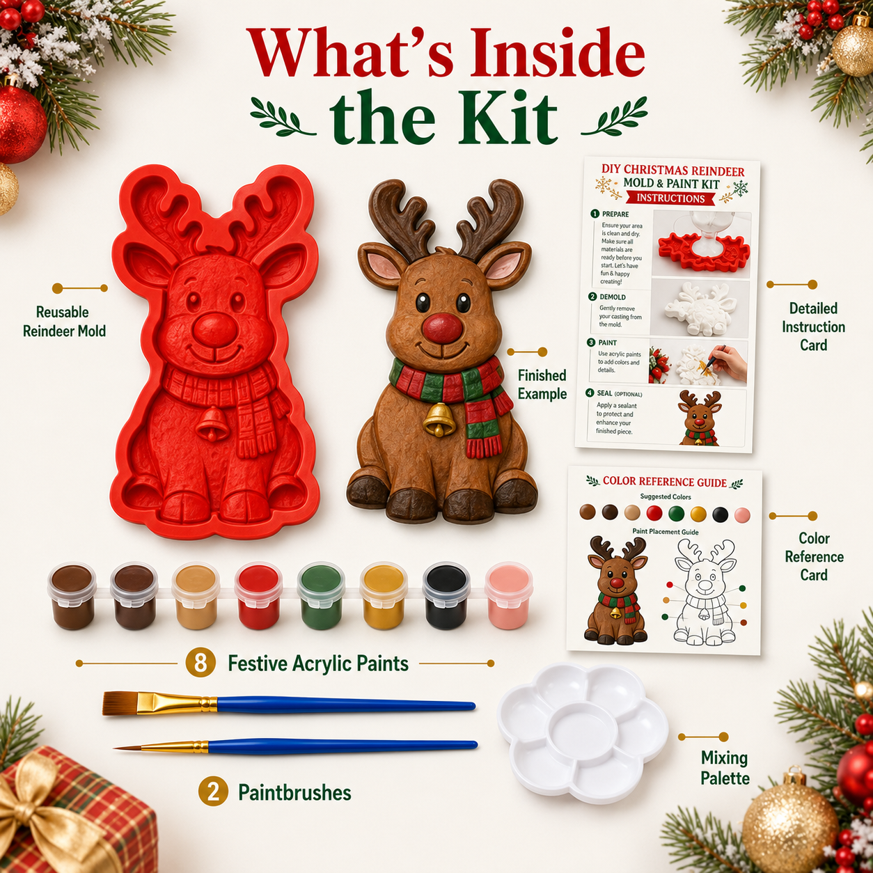 🎄 DIY Christmas Mold & Paint Craft Kit | Reusable 3D Mold with 8 Acrylic Paints, 2 Brushes & Festive Detail Guide 🎨✨