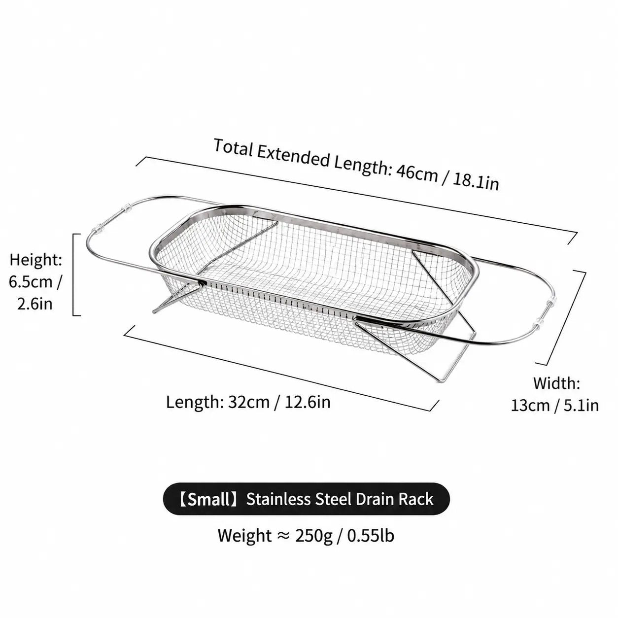 Stainless Steel Over-The-Sink Colander Strainer Basket, Expandable Rectangle Fine Mesh Kitchen Utensils with Handles, Silver Kitchen Essential
