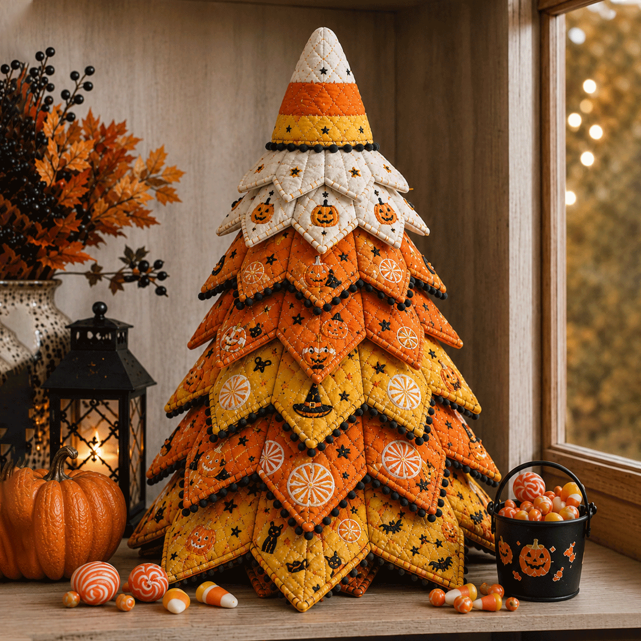 🎃✨ Lighted Halloween Quilted Fabric Tree – Cozy Handmade Glow Decoration