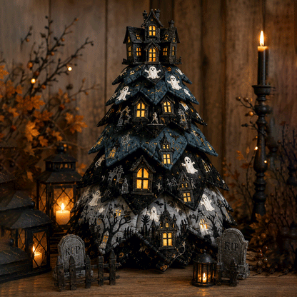 🎃✨ Lighted Halloween Quilted Fabric Tree – Cozy Handmade Glow Decoration