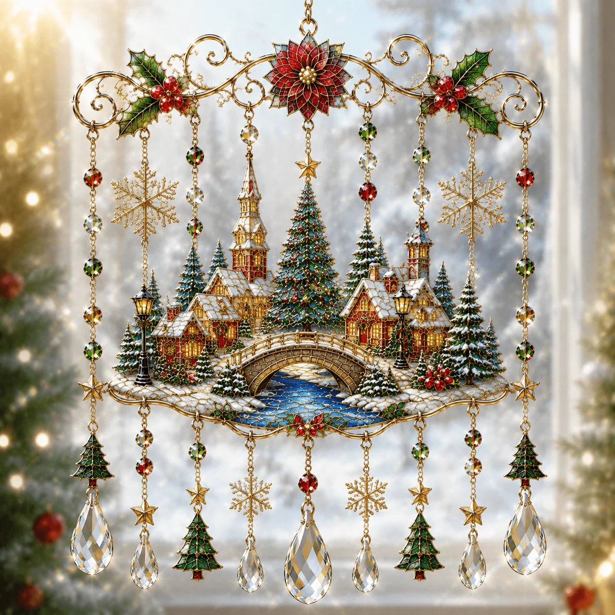 🔥 LAST DAY 49% OFF – 🎄Handmade Christmas Stained Glass Window Hanging | Tempered Stained Glass, K9 Crystal Drops & Ready-to-Hang Holiday Decor ✨