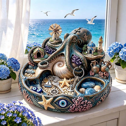 Deep Sea Santorini: Octopus Guardian Mythological Trinket Bowl with Evil Eye Protection