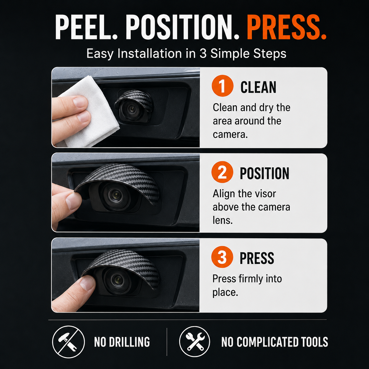 Car Backup Camera Rain Shield – Carbon Fiber Sun Visor, Protects Rear & Side Camera Lens from Rain & Glare (4/8 PCS)