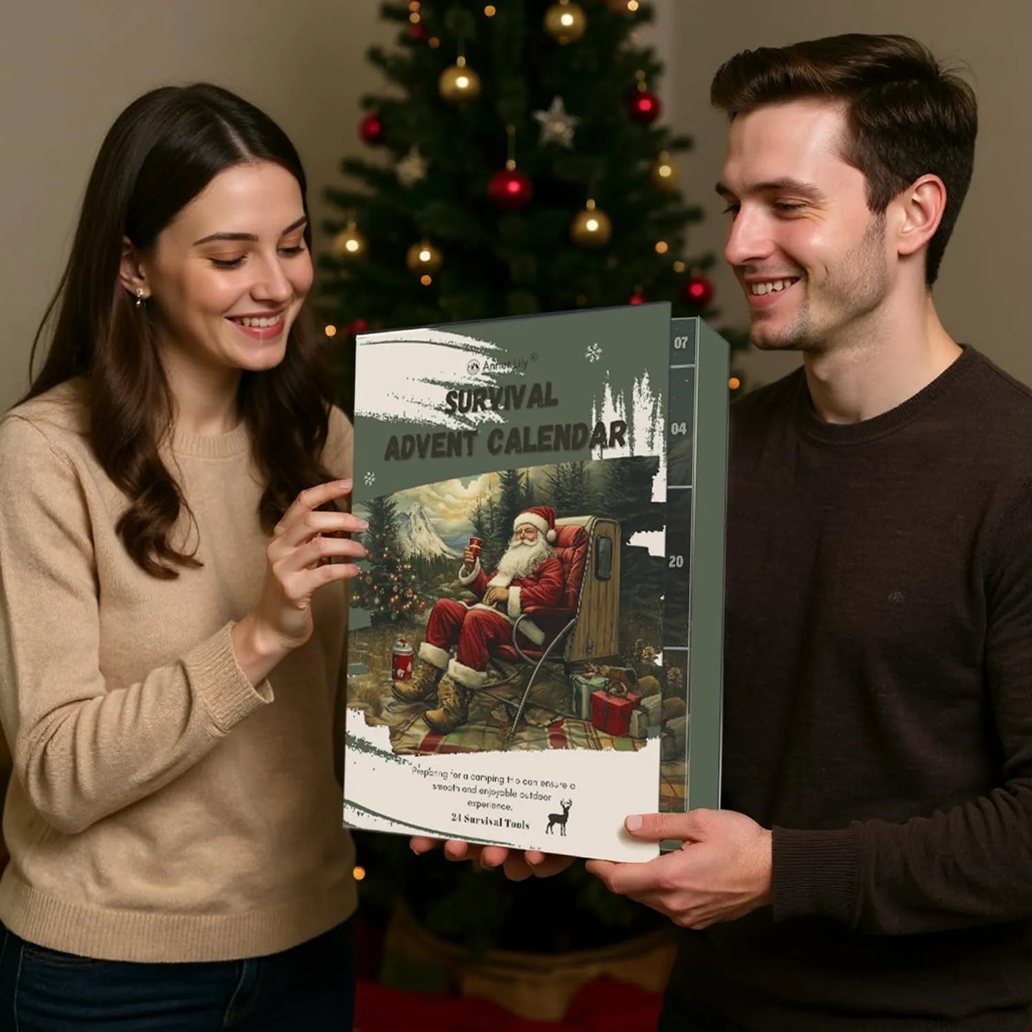 Couple giving men's survival advent calendar as Christmas present