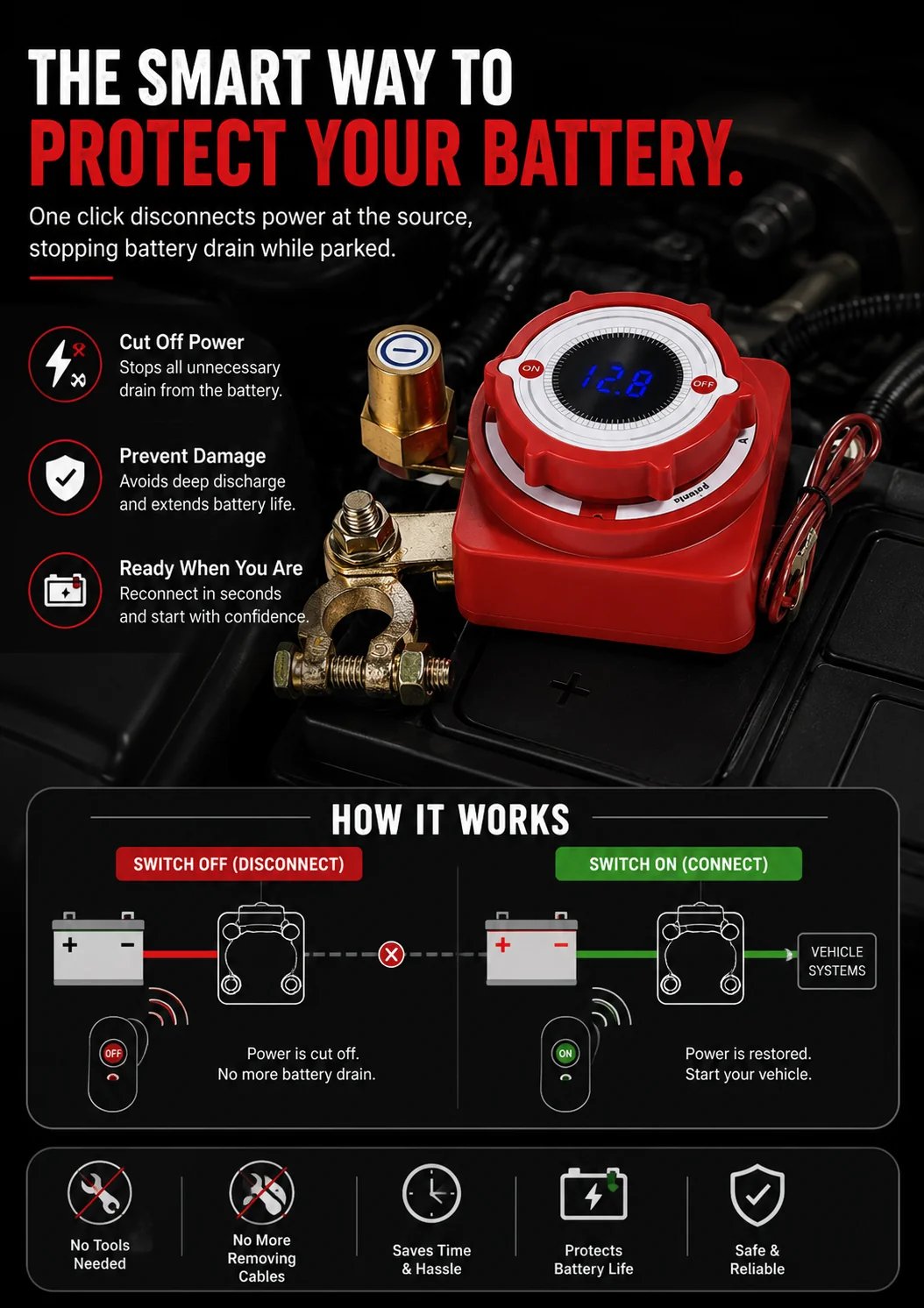 🔋Smart Remote Battery Disconnect Switch | Built-In Digital Voltage Display & Dual Wireless Key Fobs