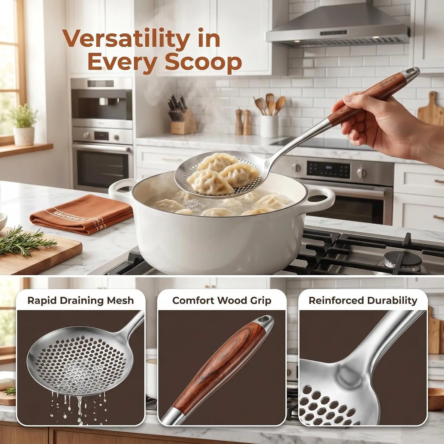 Stainless Steel Slotted Spoon with Wooden Handle – Pasta, Dumpling & Frying Skimmer