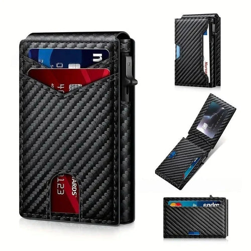 ✨Wallet - With Pop Up Aluminum Case Money Clip Slim Leather Slots Credit Card Holder RFID Blocking Bifold Minimalist Wallet