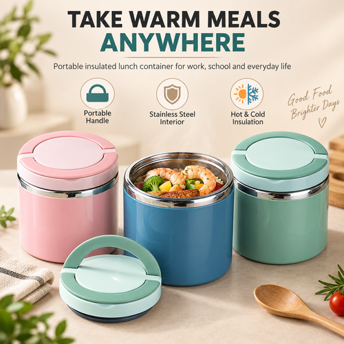Insulated Stainless Steel Lunch Container with Carry Handle – Leak-Resistant Thermal Food Jar