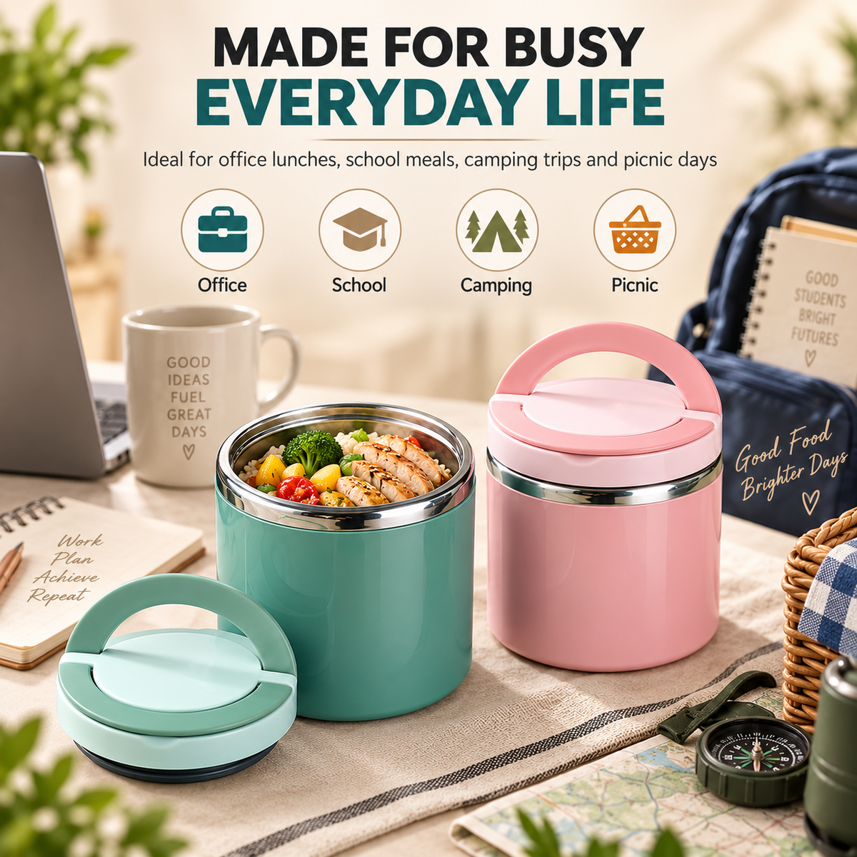 Insulated Stainless Steel Lunch Container with Carry Handle – Leak-Resistant Thermal Food Jar