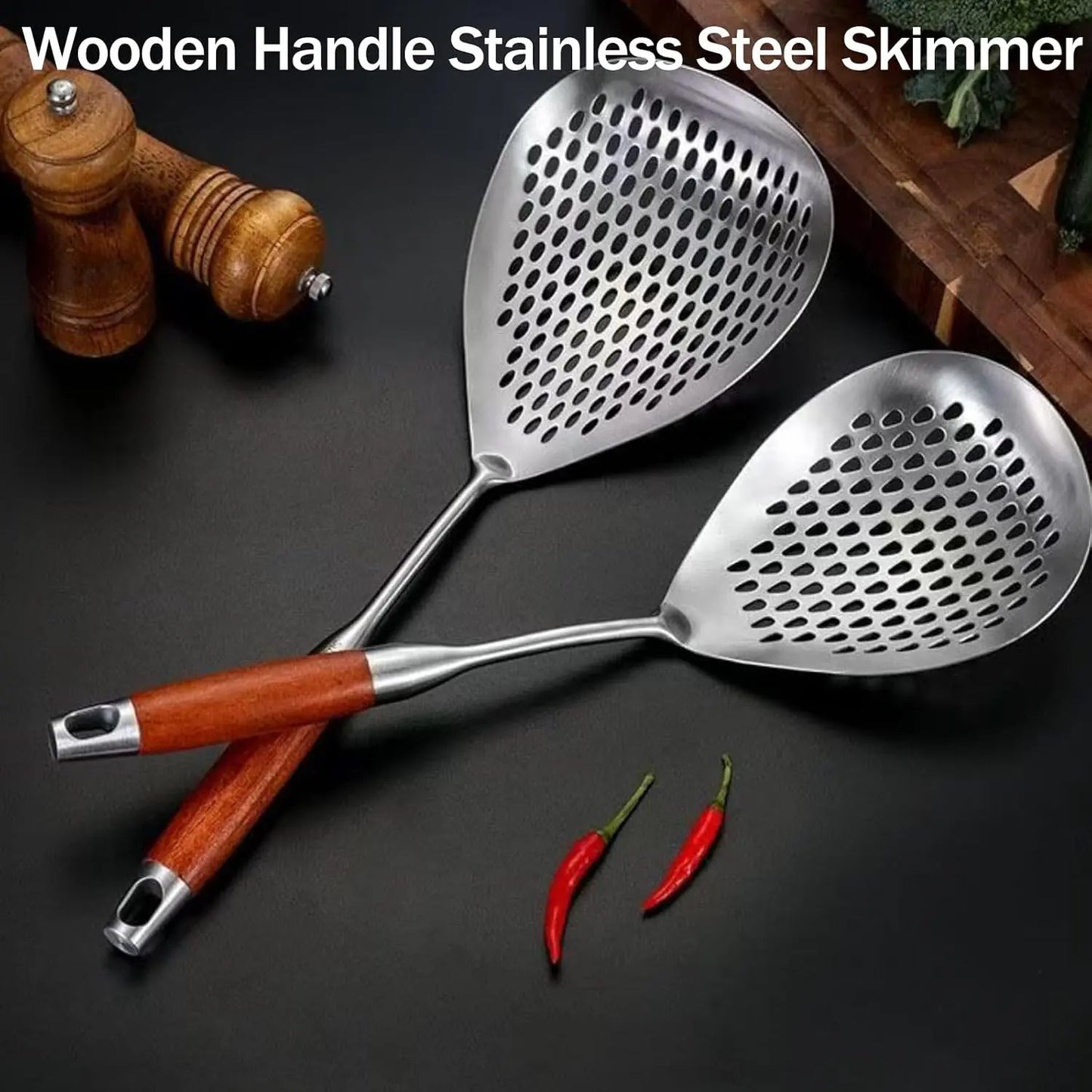 Stainless Steel Slotted Spoon with Wooden Handle – Pasta, Dumpling & Frying Skimmer
