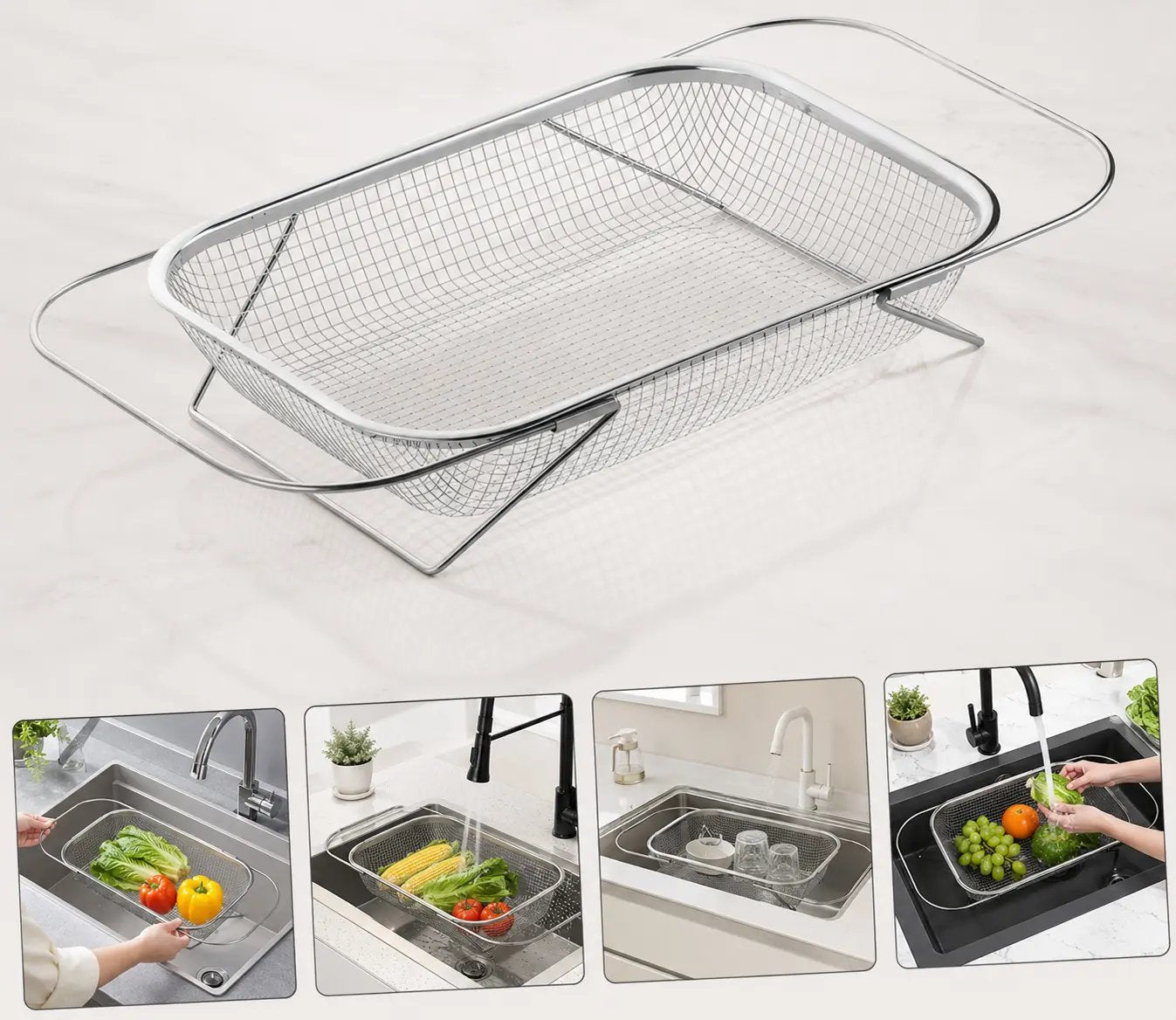 Stainless Steel Over-The-Sink Colander Strainer Basket, Expandable Rectangle Fine Mesh Kitchen Utensils with Handles, Silver Kitchen Essential